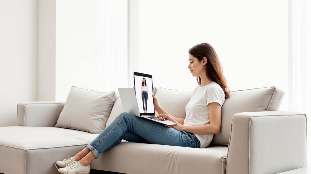 A woman on a couch uses a laptop for virtual clothes fitting, browsing fashion online.