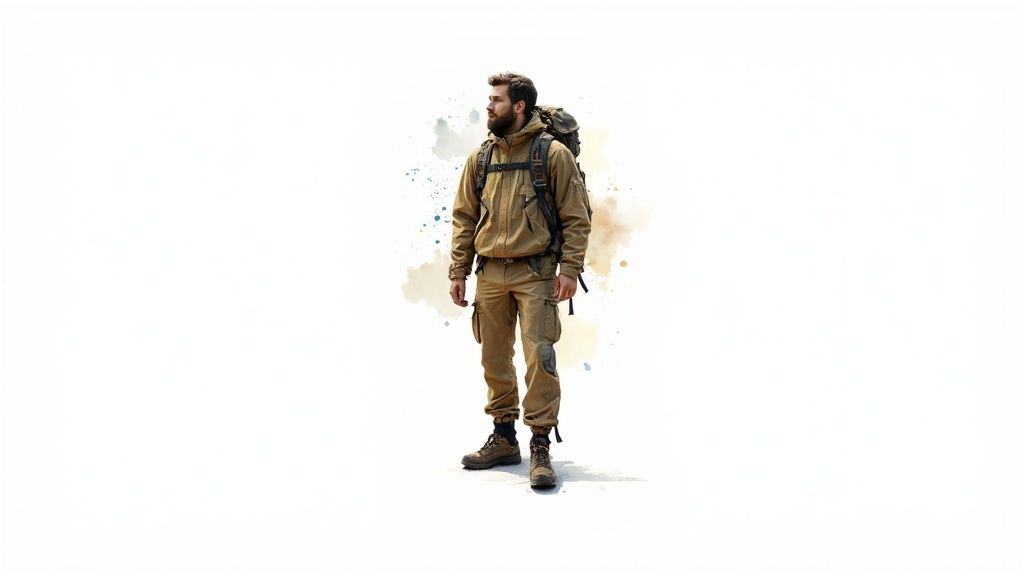 A bearded man in tactical outdoor gear and a backpack stands against a white background.