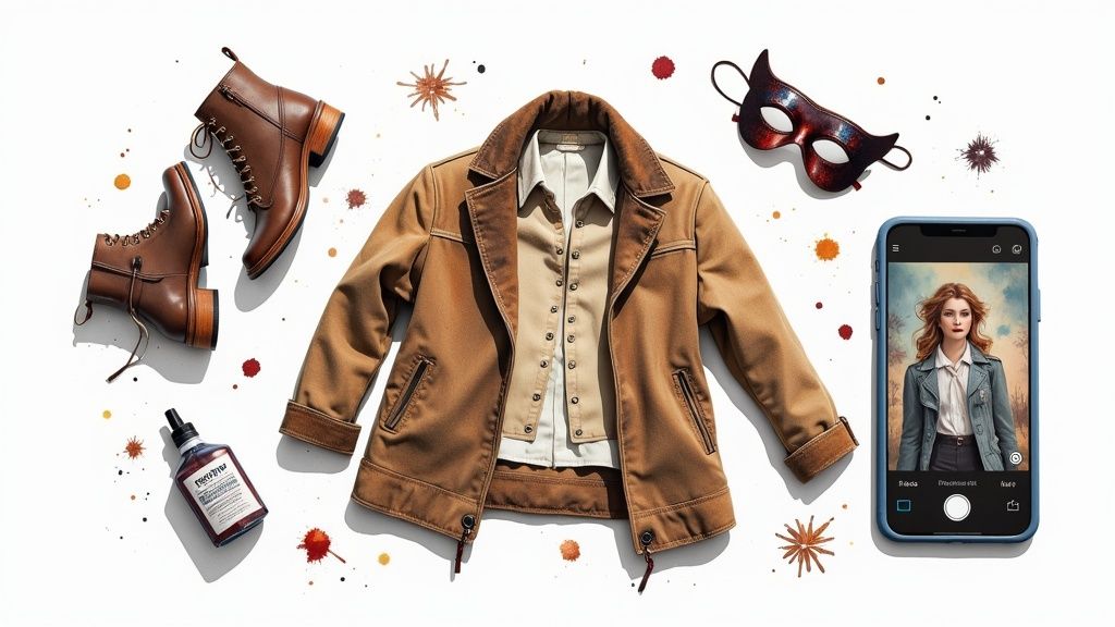 A stylish flat lay of a brown jacket, boots, mask, and phone with a fashion photo, on white.