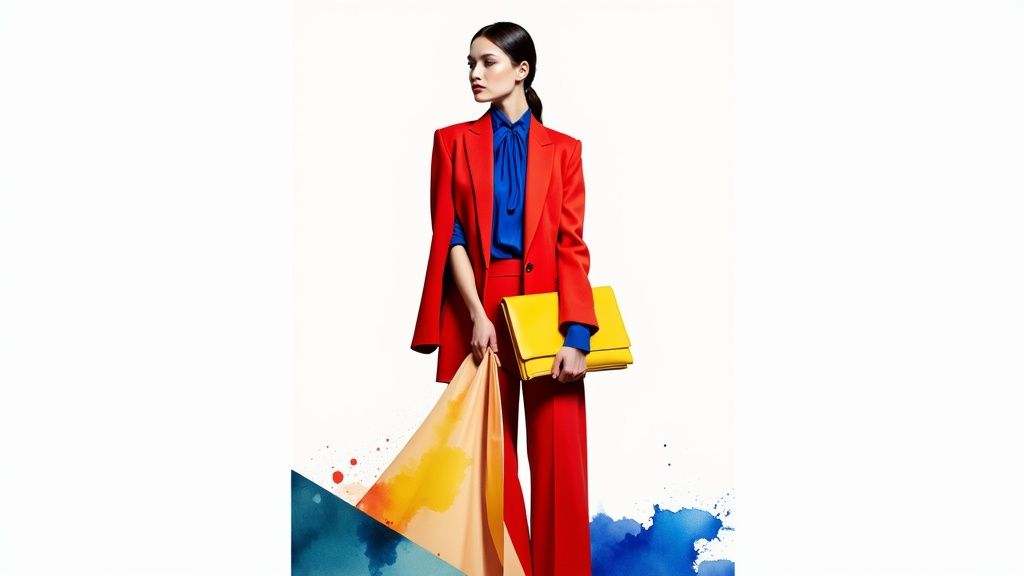 Woman in bold red suit with blue blouse and yellow clutch demonstrating color blocking fashion style