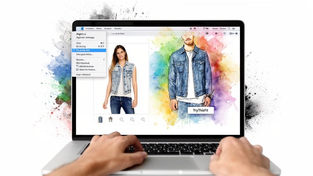 Hands interact with a laptop displaying a personal fashion stylist app for virtual try-on of denim outfits.