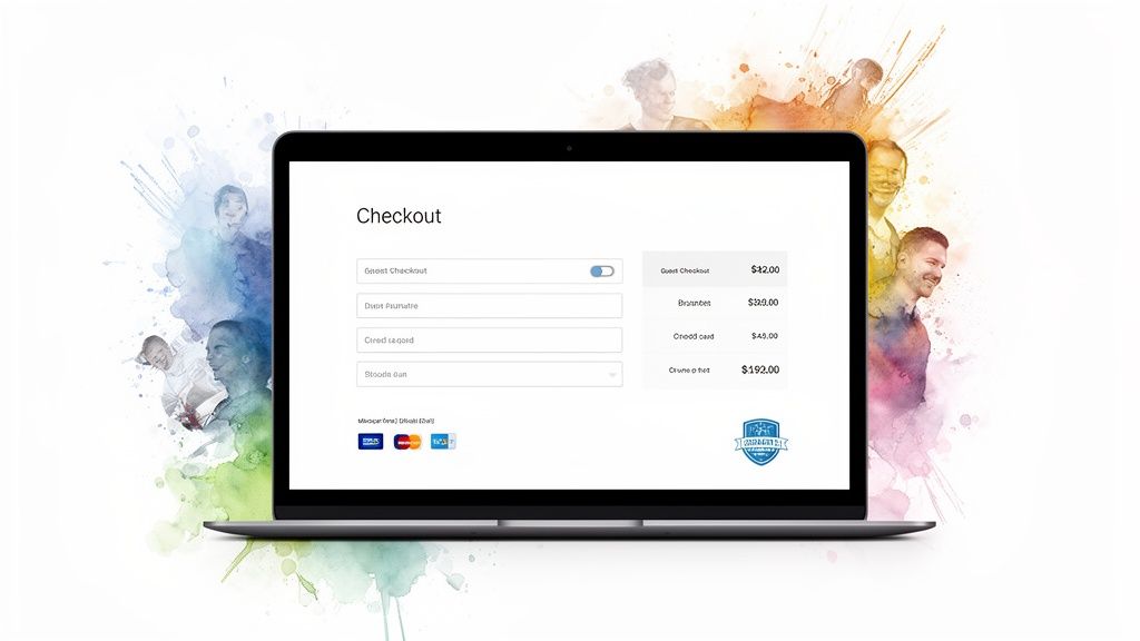 Laptop displaying an e-commerce checkout page with payment options and order summary, set against watercolor portraits.
