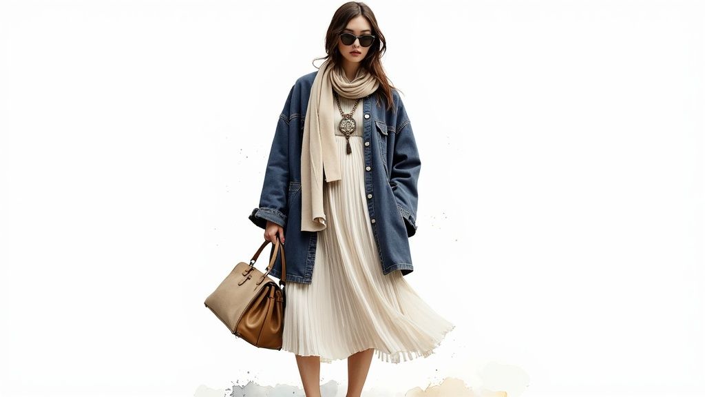 A stylish woman wearing a denim jacket, white pleated skirt, beige scarf, sunglasses, and carrying a two-tone handbag.