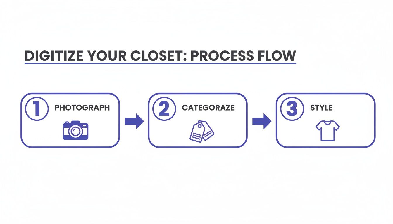 A process flow diagram showing three steps to digitize your closet: photograph, categorize, and style.