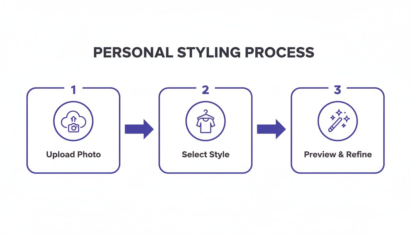 A three-step personal styling process diagram: upload photo, select style, and preview & refine.