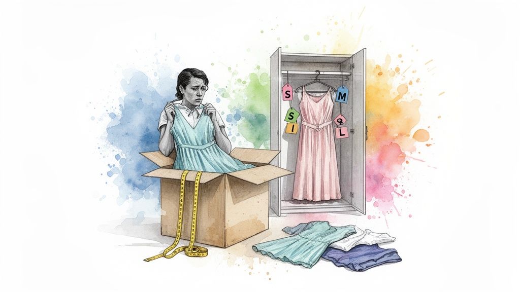 Watercolor illustration of a distressed woman in a box struggling with clothing sizes and body image.