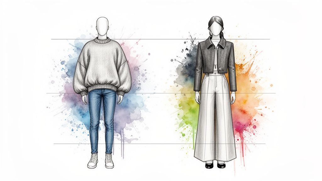 Two fashion illustrations show outfits: an oversized sweater with jeans and sneakers, and a cropped jacket with wide-leg pants.