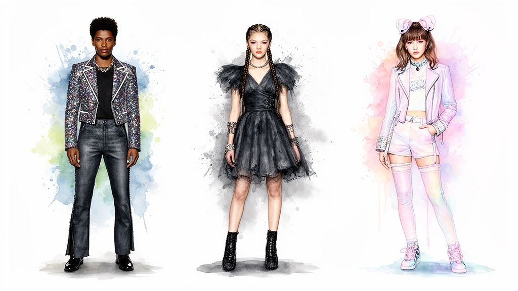 Three vibrant fashion illustrations showcasing diverse themed party costume ideas in glitter, gothic, and pastel styles.