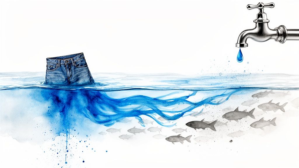 Blue jeans partially submerged in water, releasing dye, with fish swimming below and a dripping faucet.
