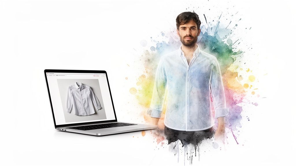 Virtual clothing try-on concept with a man in a watercolor shirt and a laptop displaying it.