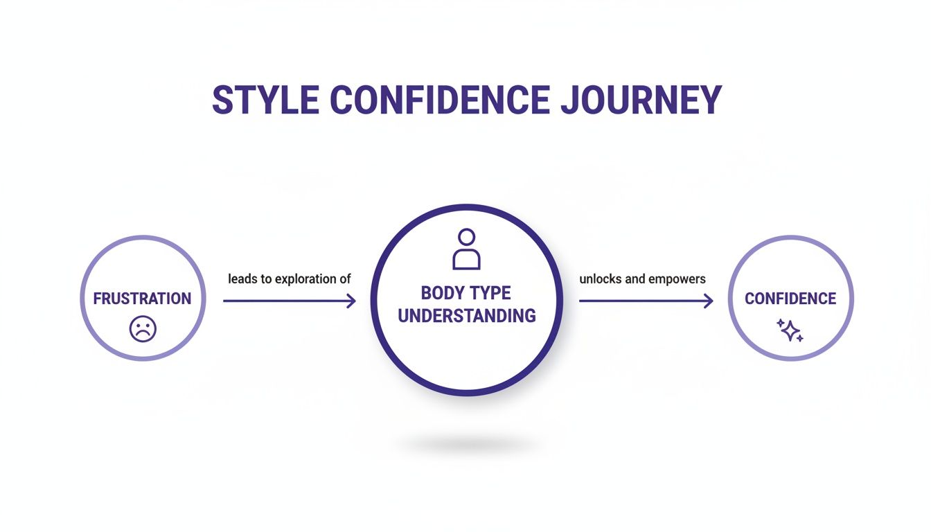 Diagram showing the style confidence journey from frustration to confidence through body type understanding.