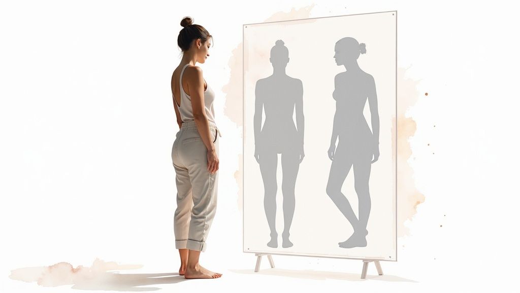 Woman in casual clothes looking at a virtual display with two female body silhouettes.