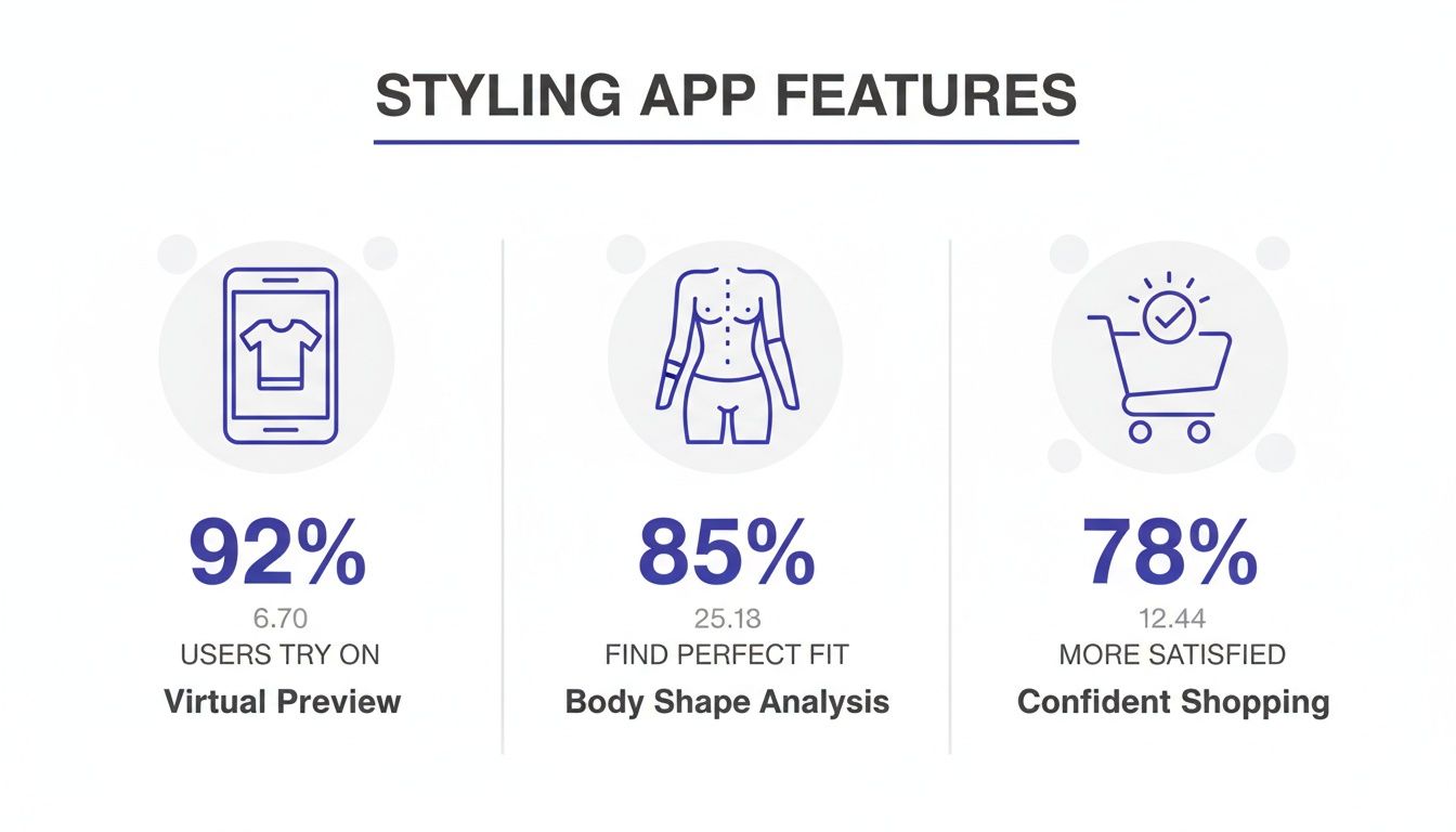 Styling app features infographic showing virtual preview, body shape analysis, and confident shopping benefits.