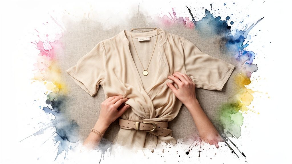 Overhead view of hands styling a beige wrap dress, gold necklace, and belt with colorful watercolor frame.