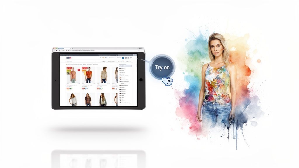 A woman with a floral top next to a tablet showing an online clothing store, highlighting a virtual try-on feature.