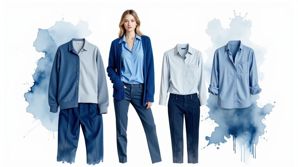Blue monochromatic outfit collection featuring denim shirts, cardigans and trousers with a watercolor background