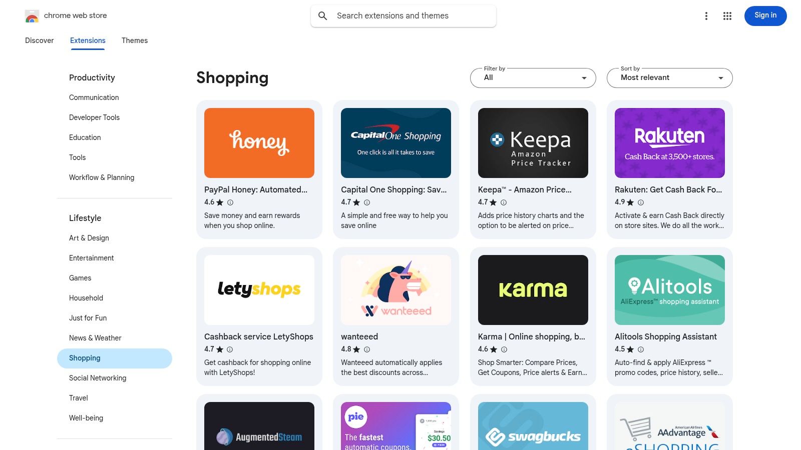 Chrome Web Store – Shopping Extensions Category
