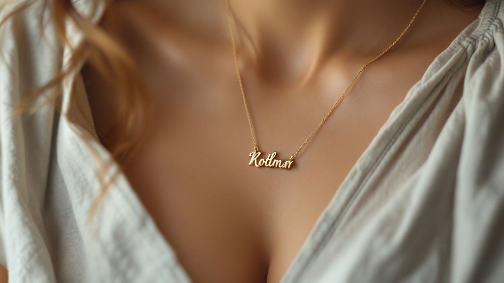 A new mom smiling while holding her baby and wearing a personalized necklace.