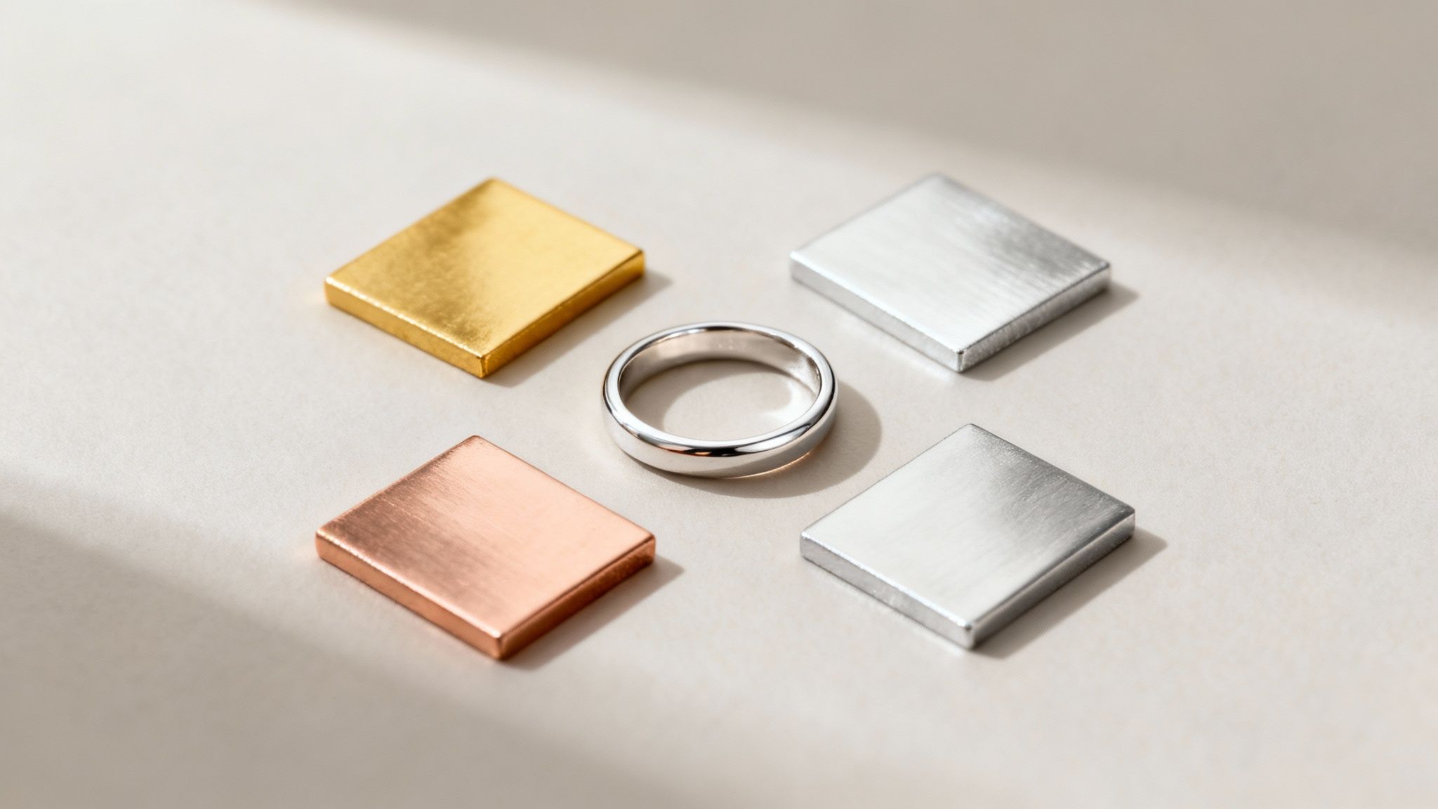 Close-up of different precious metals used in mothers rings