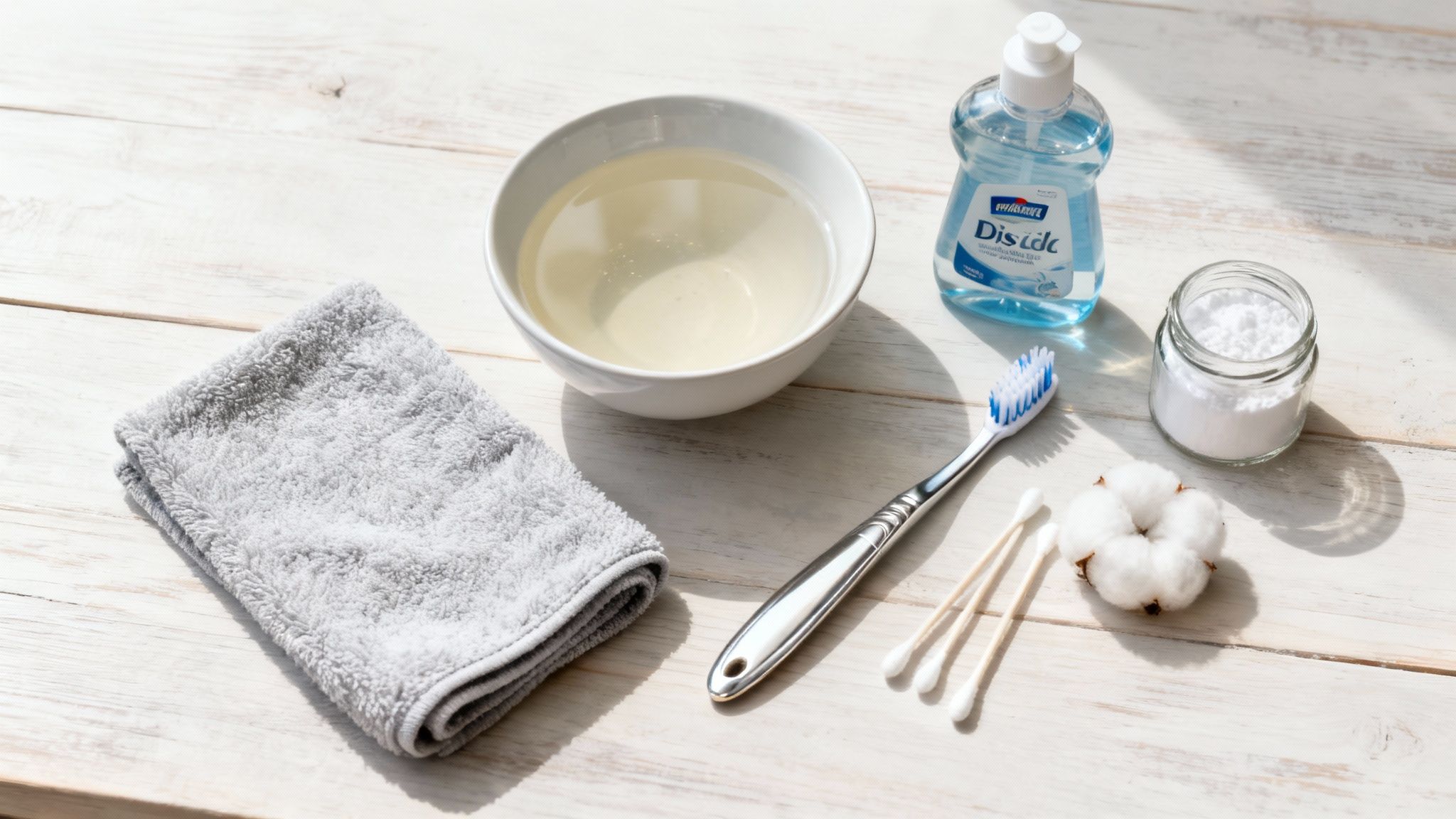 A collection of silver polishing supplies, including microfiber cloths, gentle dish soap, and a soft-bristled toothbrush, neatly arranged on a wooden surface.