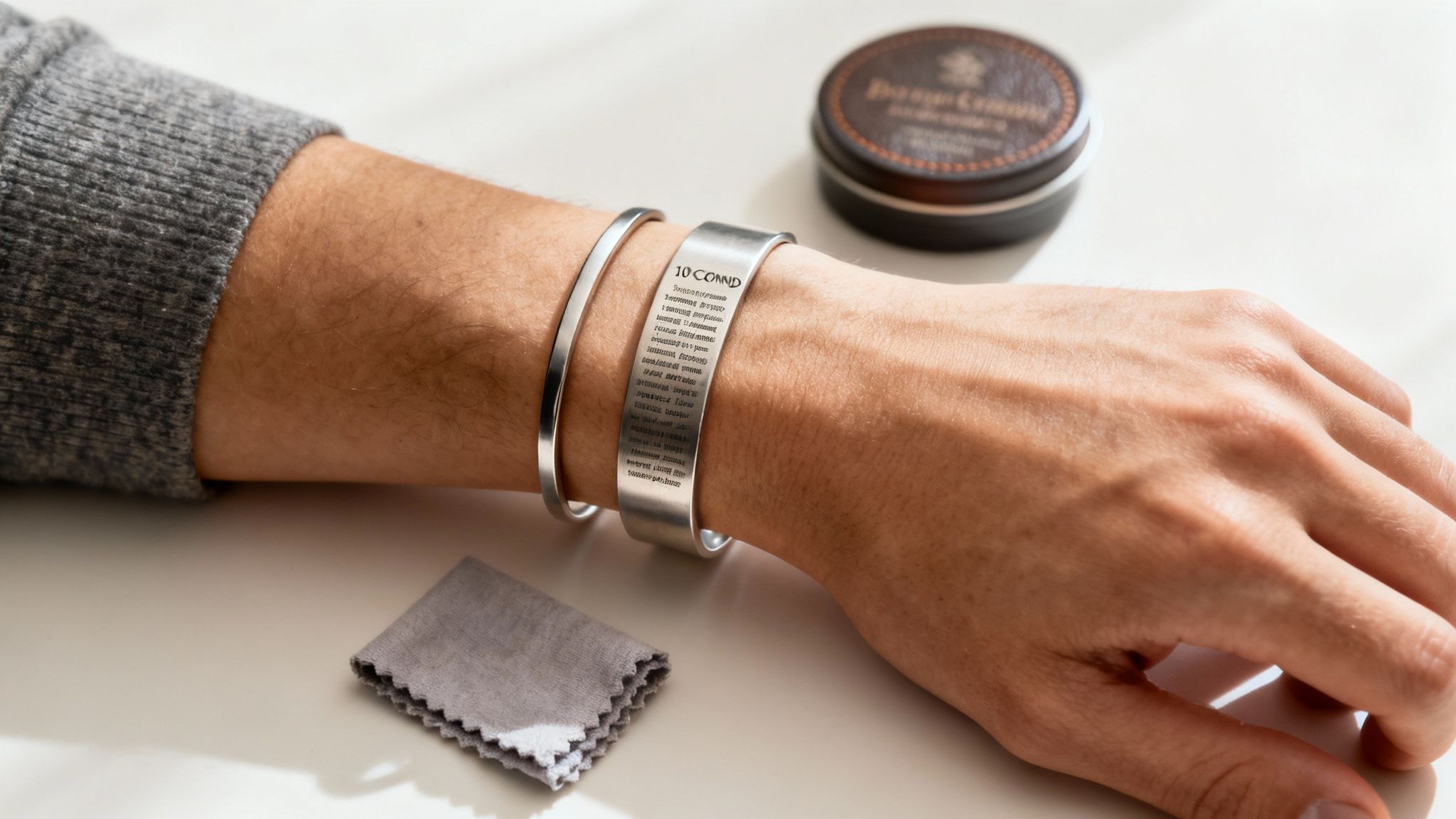 A woman wearing a silver 10 commandments bracelet stacked with other jewelry
