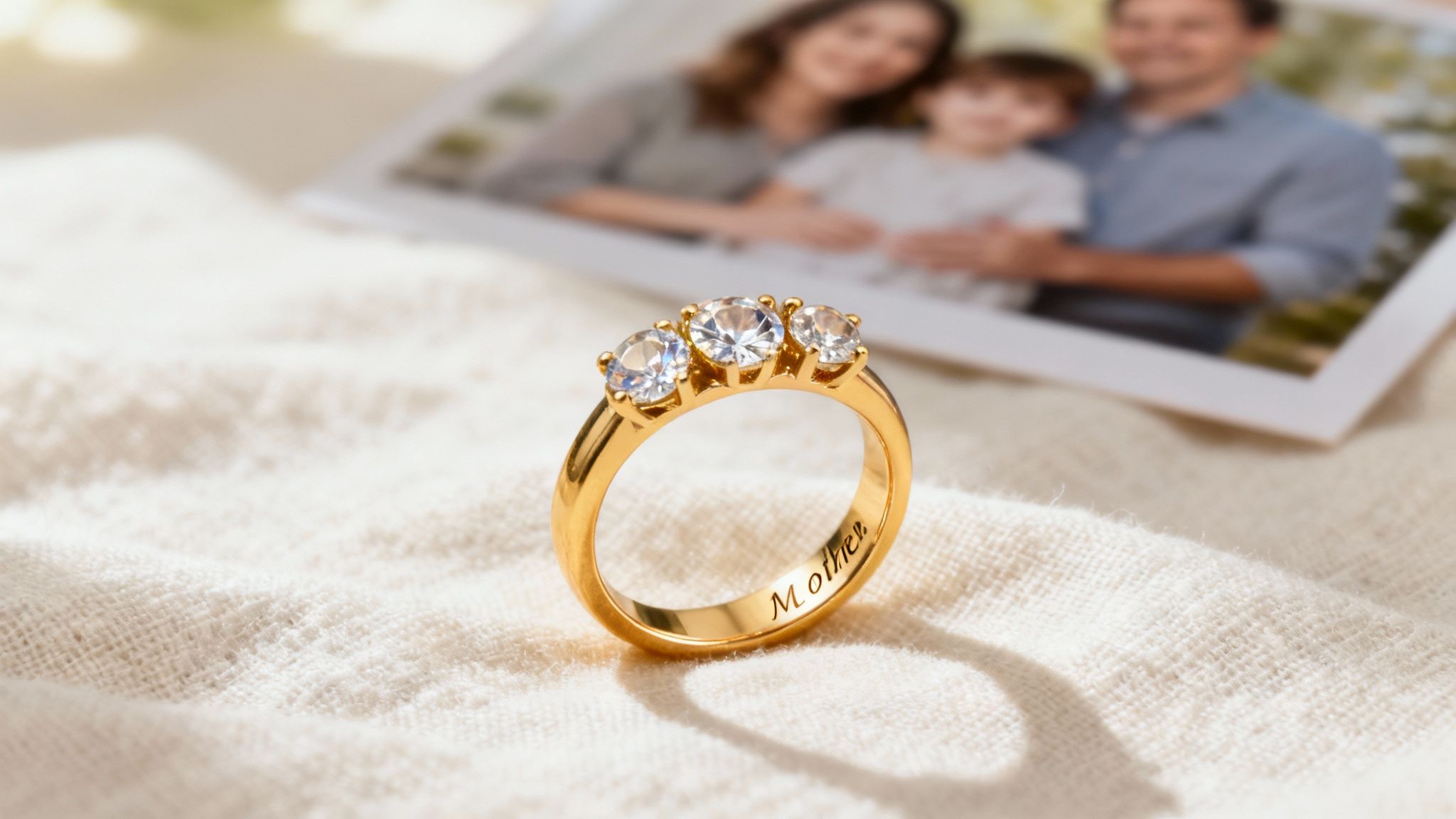 A close-up shot of a delicate mother's ring with multiple small birthstones set in a gold band.