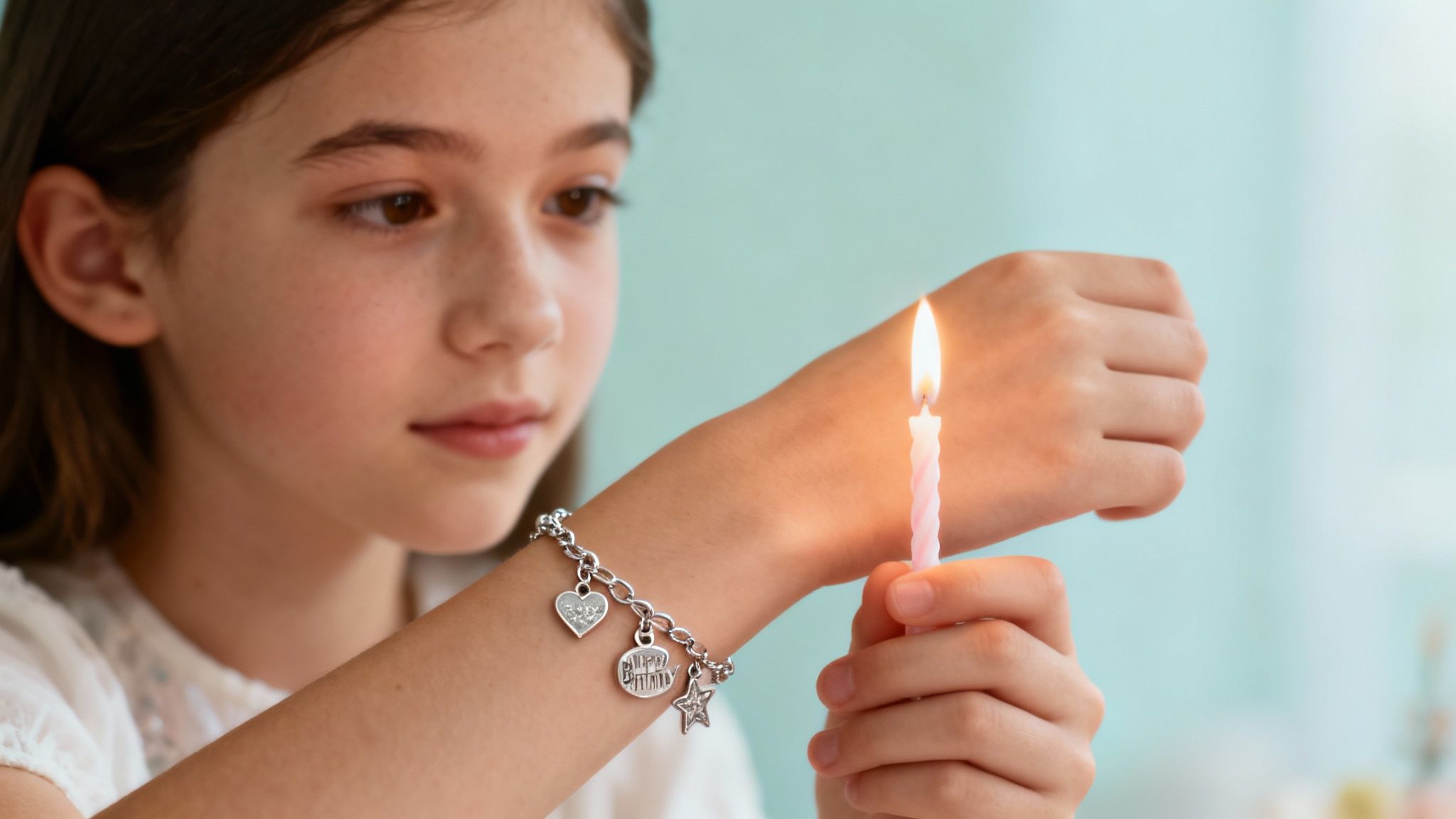 A delicate 16th birthday bracelet with a heart charm resting on a soft surface.