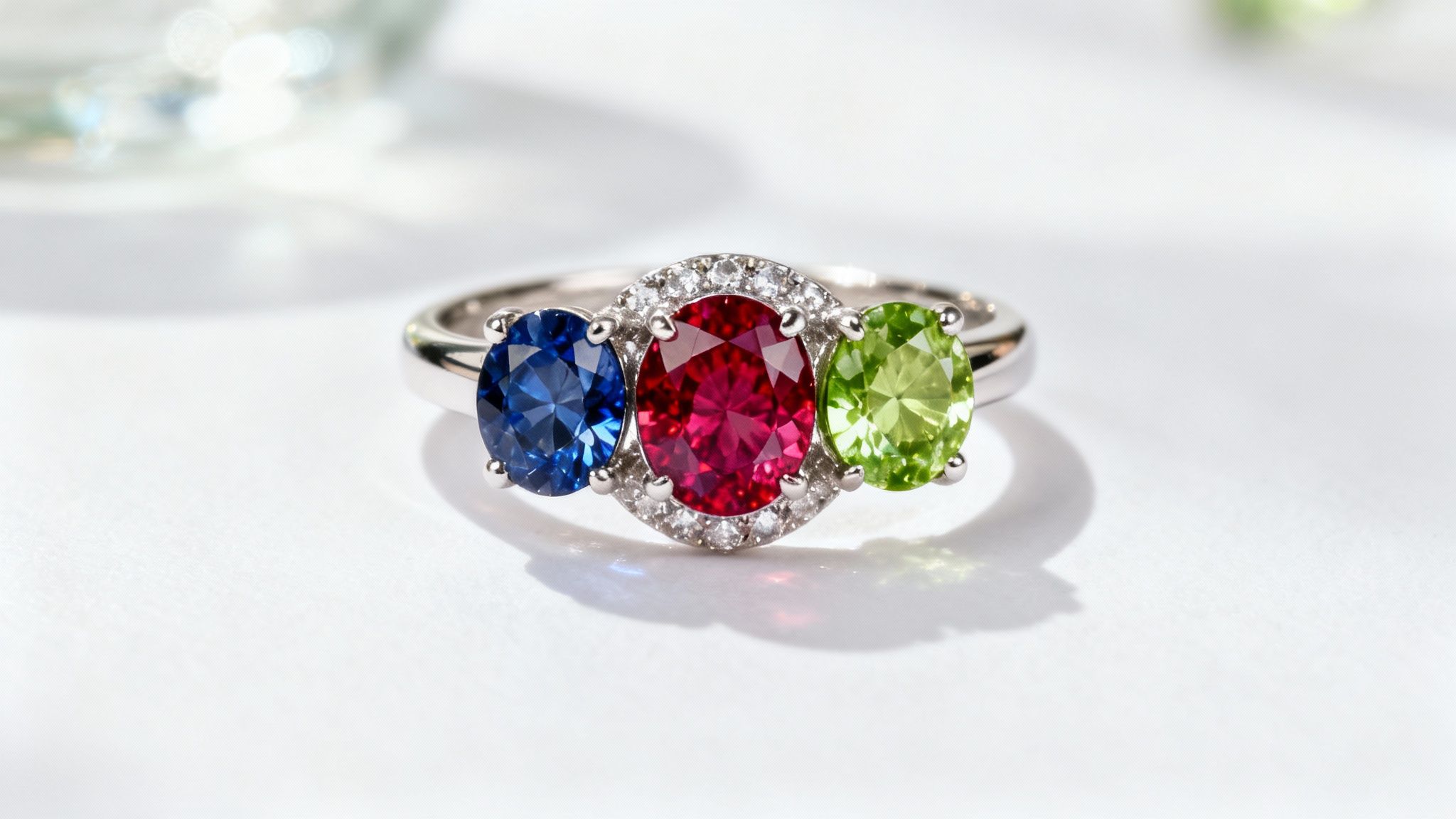 A collection of colorful birthstones arranged on a white surface