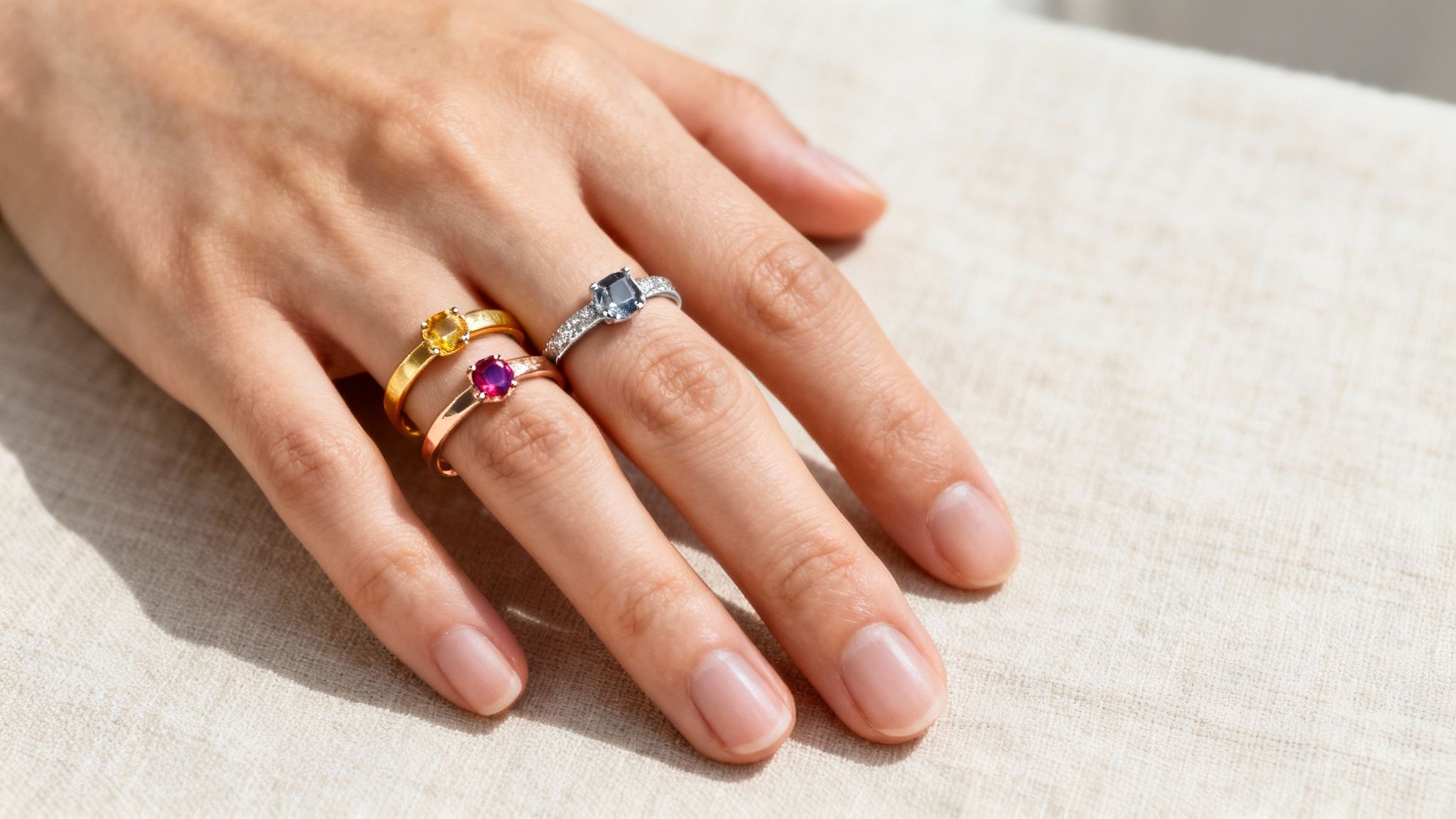 A person's hand displaying four elegant rings with colorful gemstones on a light fabric.