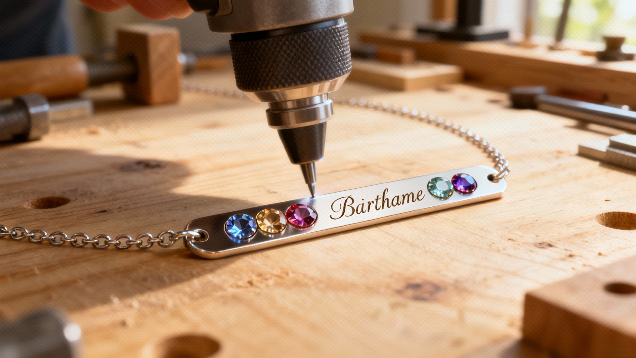 A personalized birthstone necklace with intricate details and charms.