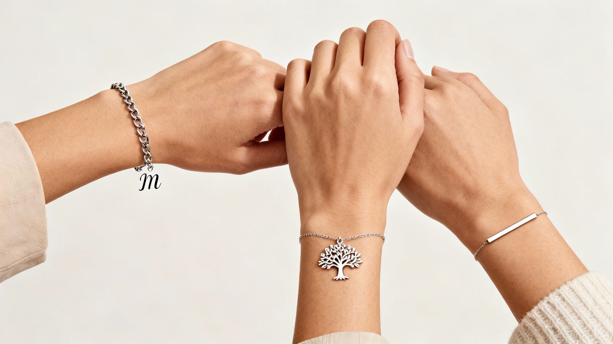 Four hands adorned with personalized silver bracelets, including an 'm' initial, tree of life, and bar.