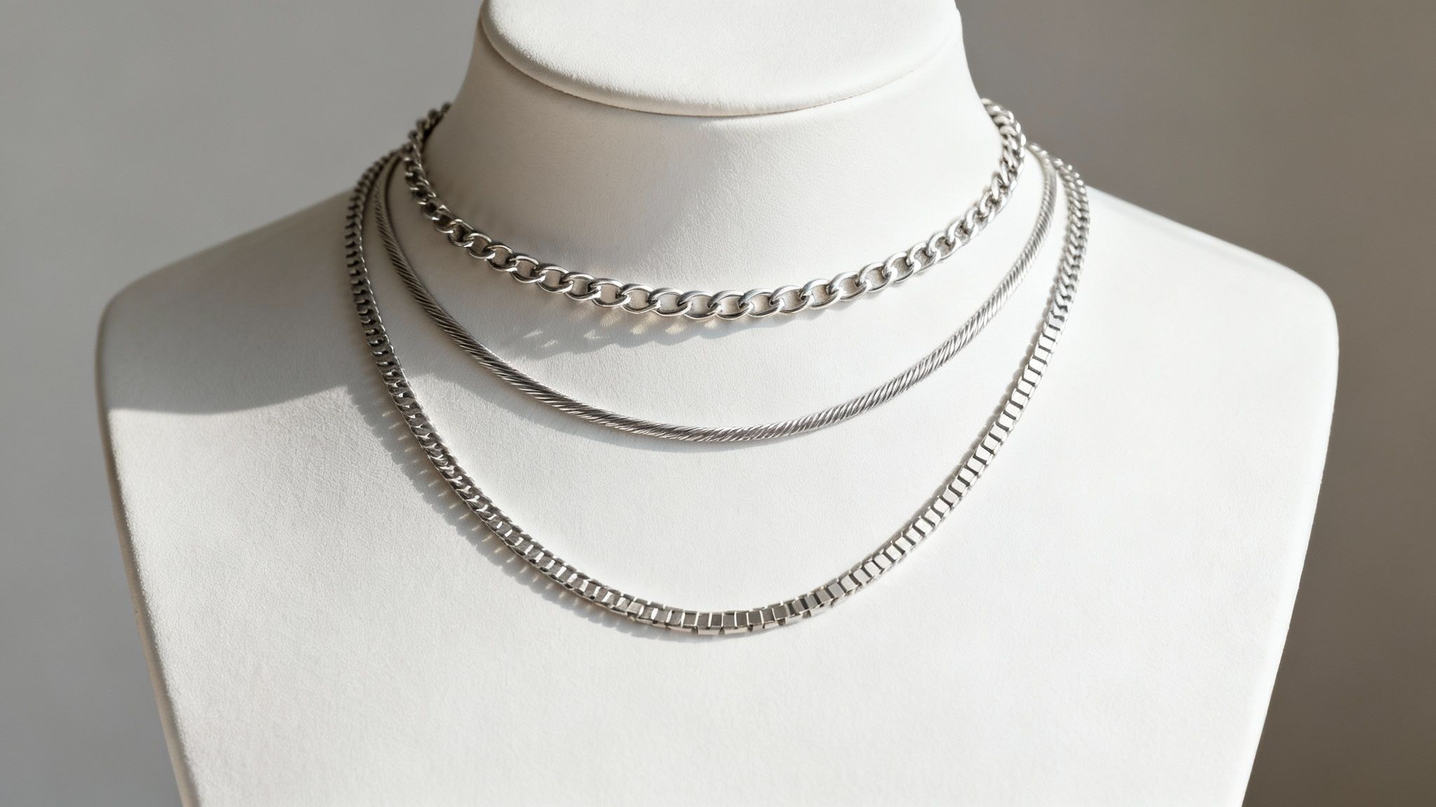 A woman's hands holding a custom sterling silver necklace against a soft background.
