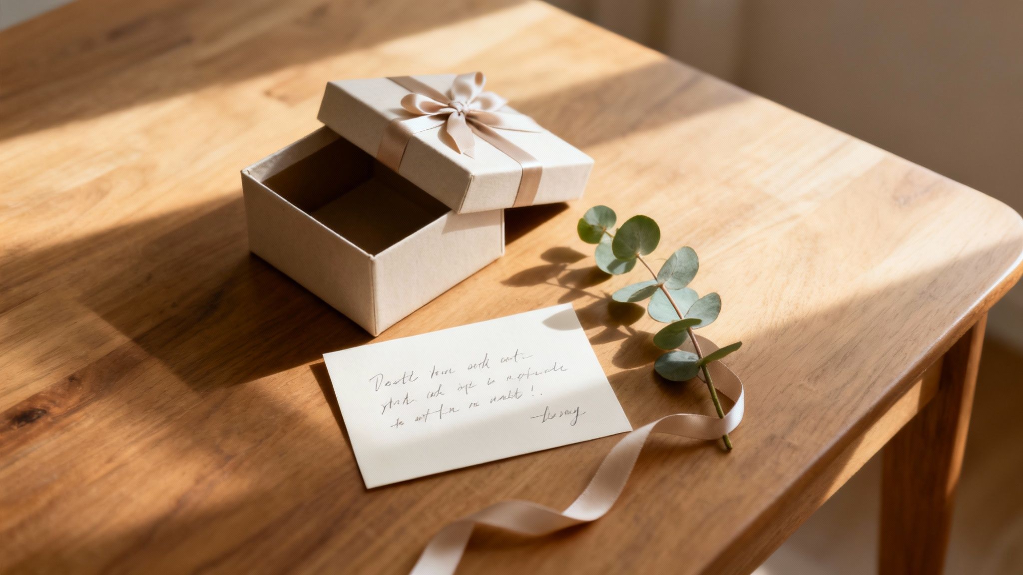 An open beige gift box with a ribbon, a handwritten card, and eucalyptus leaves on a wooden table.