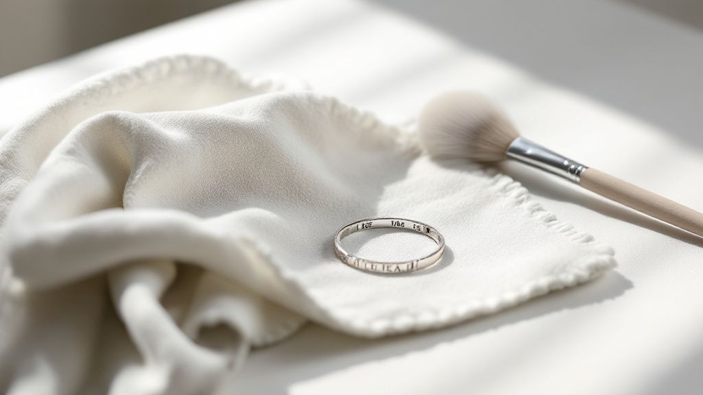 A woman gently cleaning a personalized silver necklace with a soft cloth.