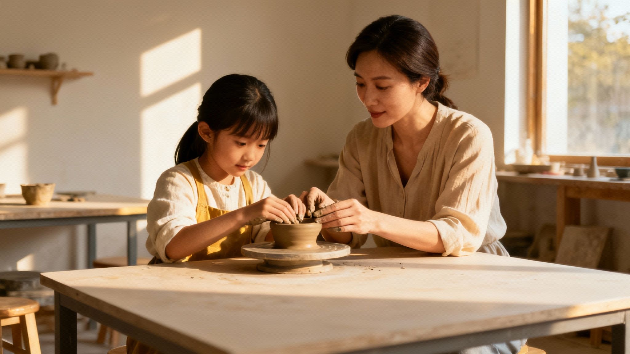 A mother and daughter laughing together while participating in a pottery class.