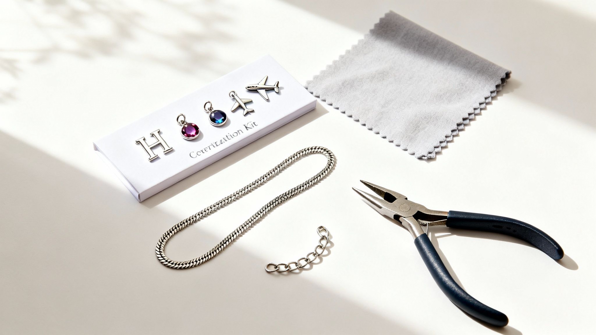 A DIY charm bracelet kit with a chain, letter H, gem and airplane charms, tools, and a cloth.