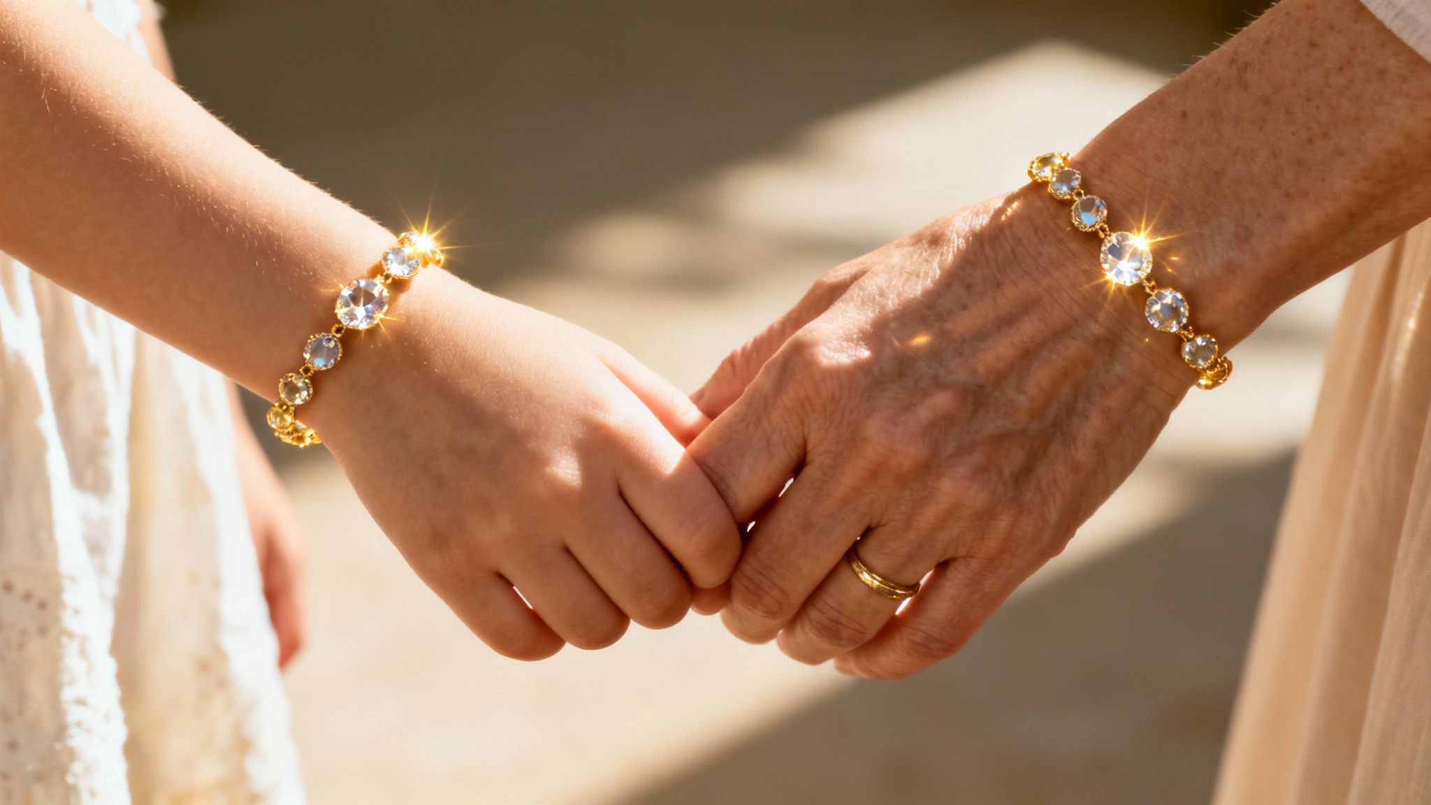 A mother and daughter wearing matching birthstone bracelets, holding hands