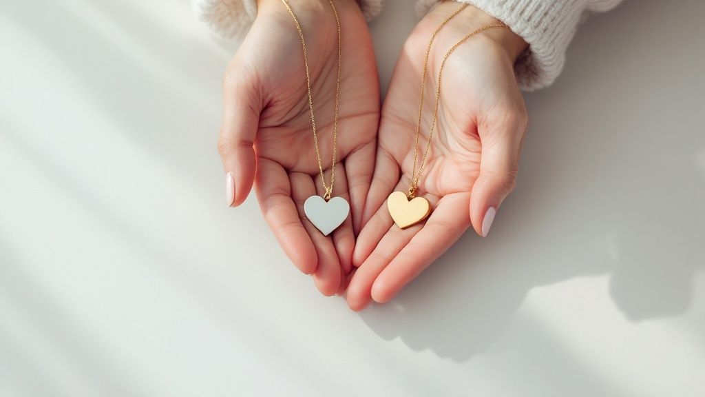 A close-up of a personalized necklace with a baby's footprint engraved on a pendant.