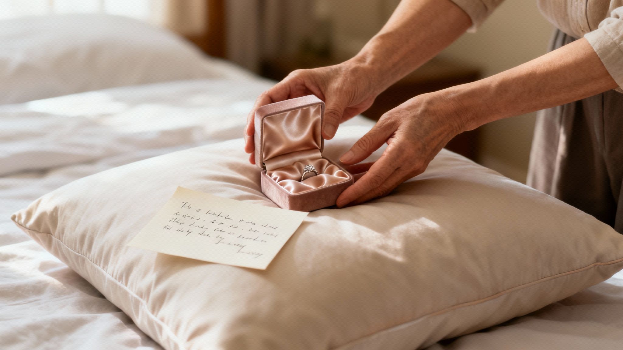Close-up of hands opening a pink velvet ring box with a diamond ring on a pillow next to a handwritten note.