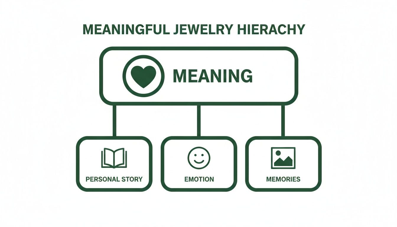 A diagram illustrating the hierarchy of meaningful jewelry: meaning derived from personal story, emotion, and memories.