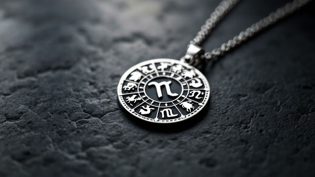 A collection of different zodiac pendant necklaces arranged artfully on a light surface.