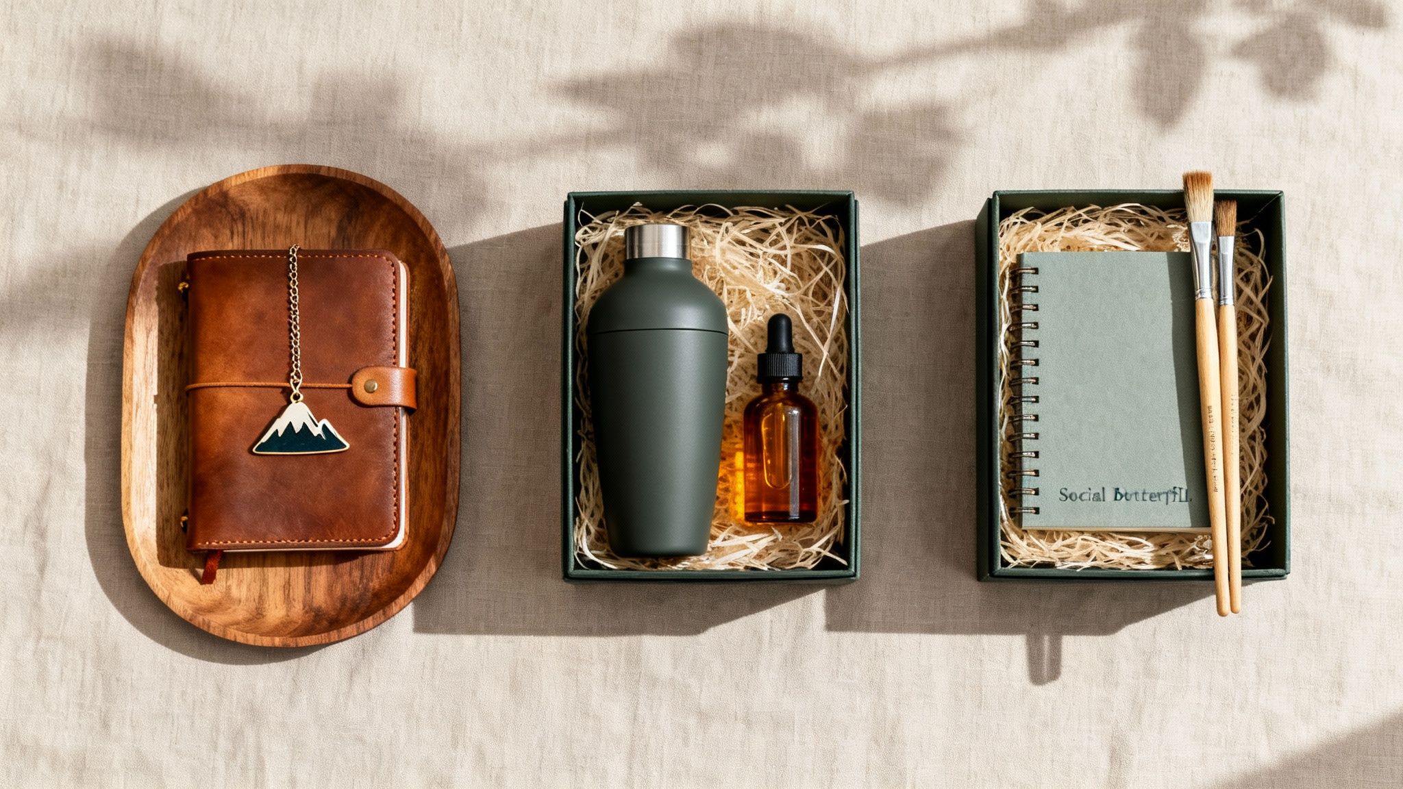 Three curated gift sets on a linen surface: a leather journal, a shaker set, and a notebook with paintbrushes.