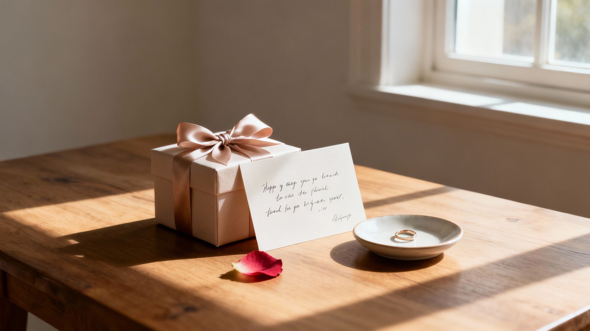 A thoughtful gift set with a box, note, ring, and rose petal on a sunlit wooden table.