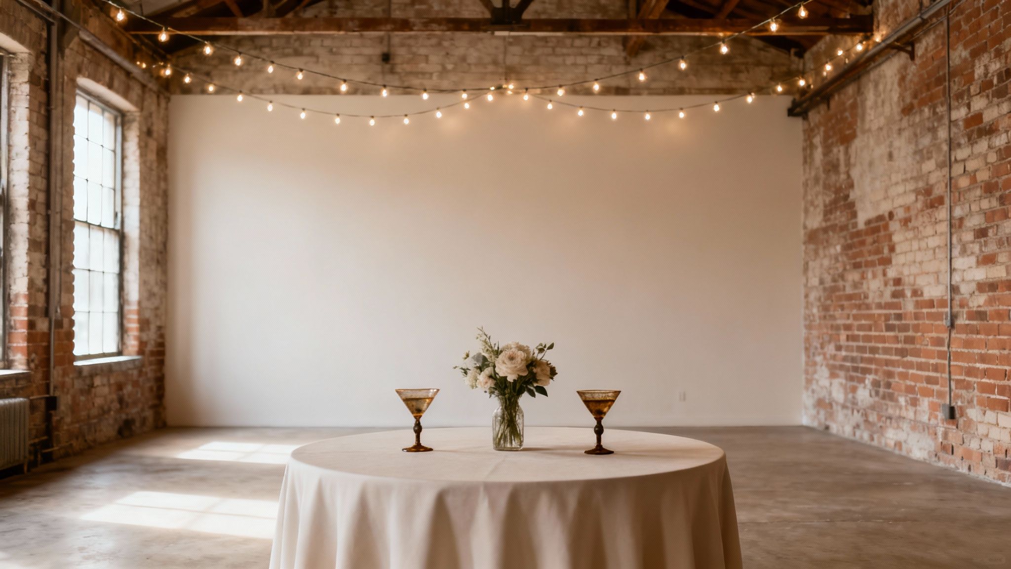 Rustic industrial event space with exposed brick walls, string lights, and elegant table centerpiece