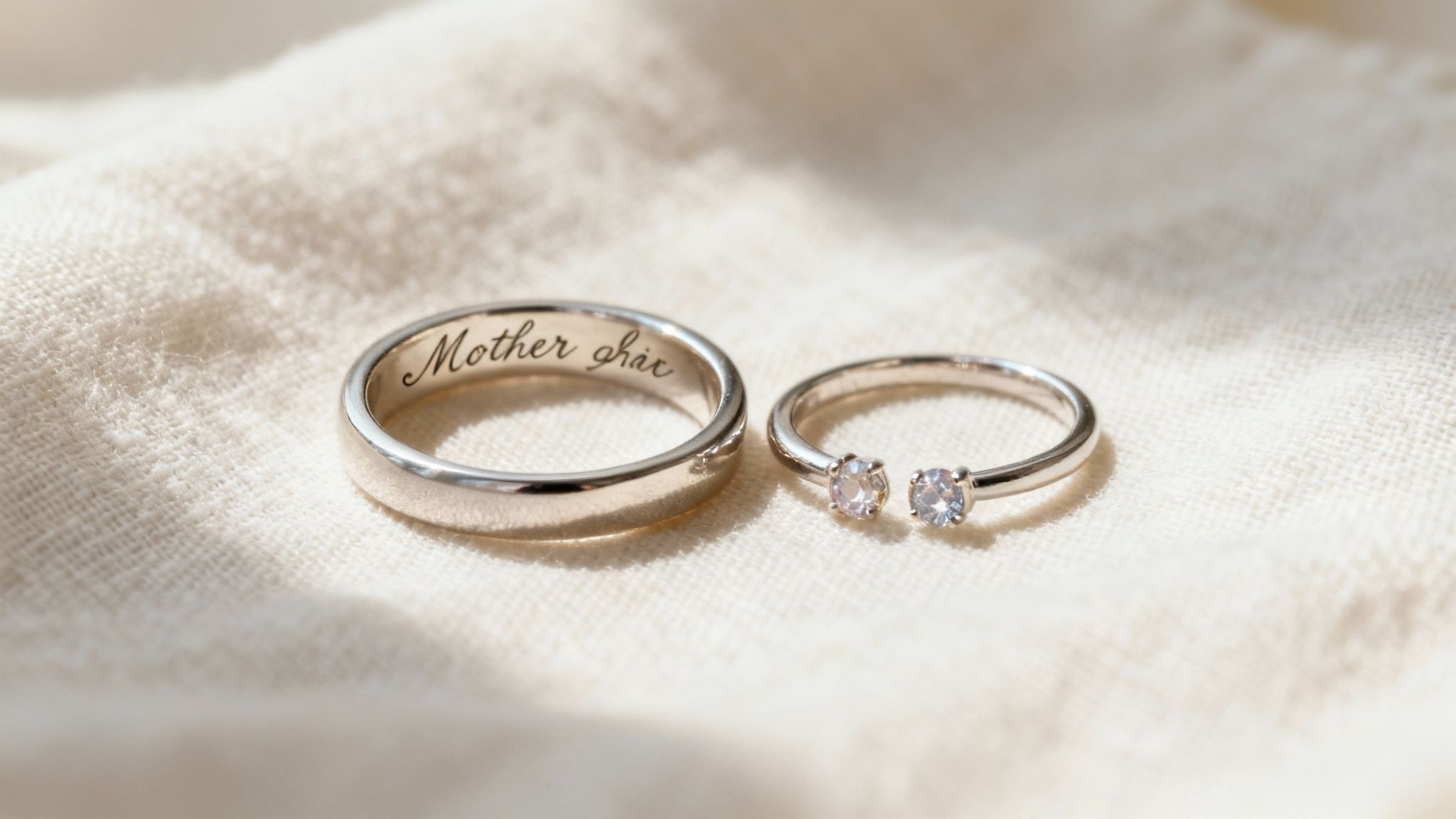 A personalized mother daughter ring set with gemstones.