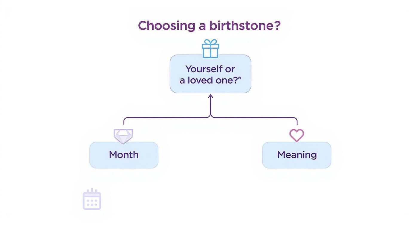 Visual guide for choosing a birthstone, prompting selection for self or loved one, then by month or meaning.