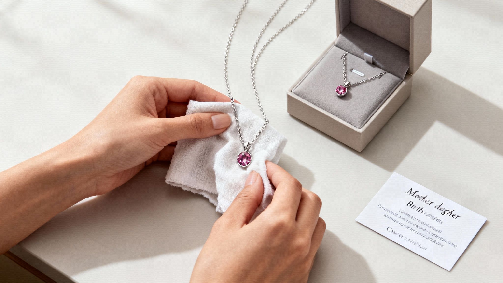 A woman carefully cleaning her mother daughter birthstone necklace with a soft cloth.