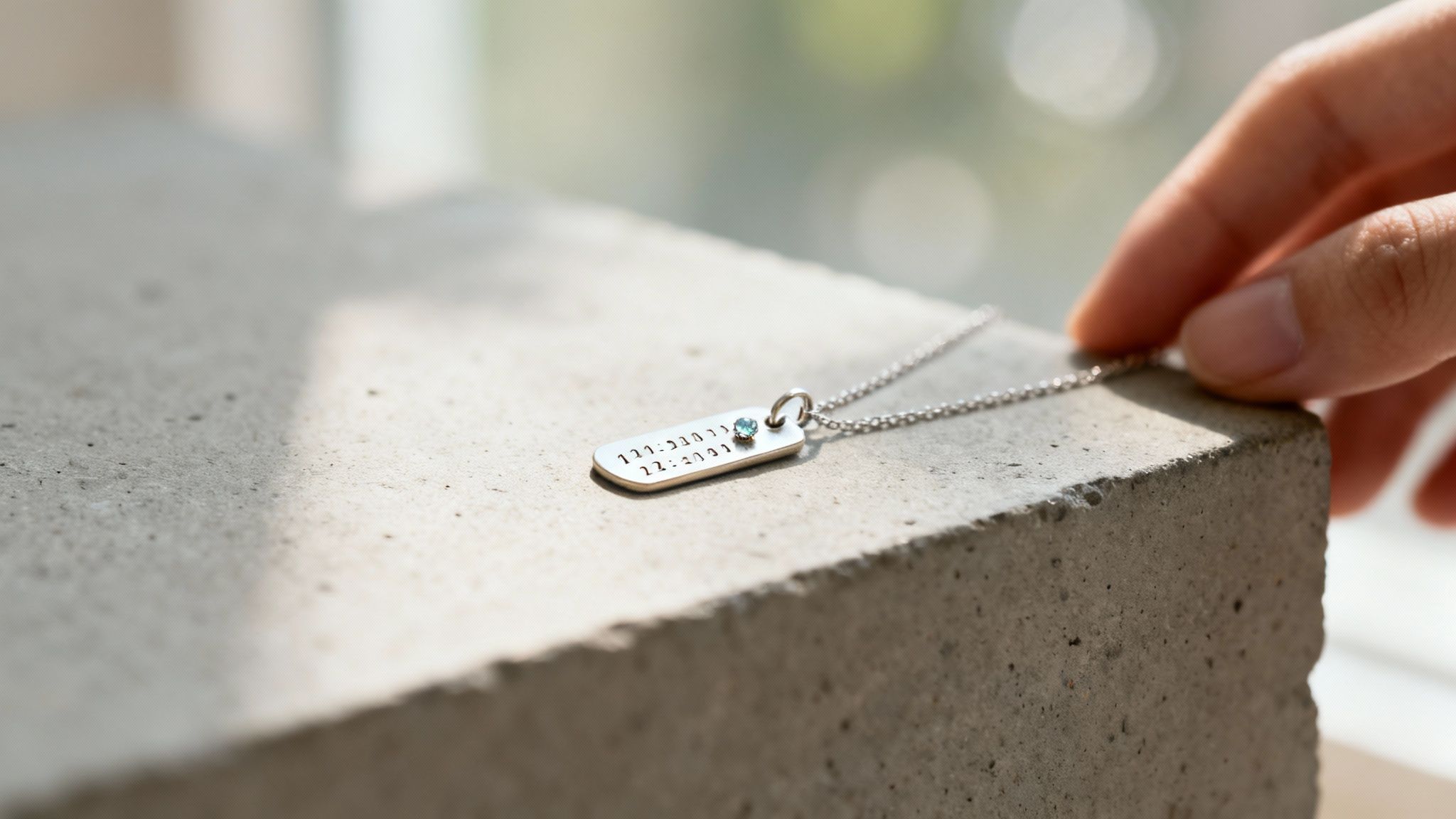 A hand gently holds a silver personalized dog tag necklace with a blue gem on a concrete surface in sunlight.