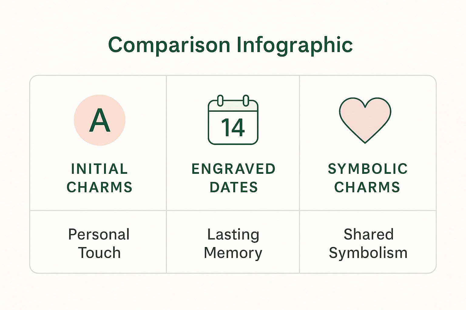 Infographic comparing personalization options for a mother-daughter birthstone bracelet including Initial Charms, Engraved Dates, and Symbolic Charms, each with a key benefit.