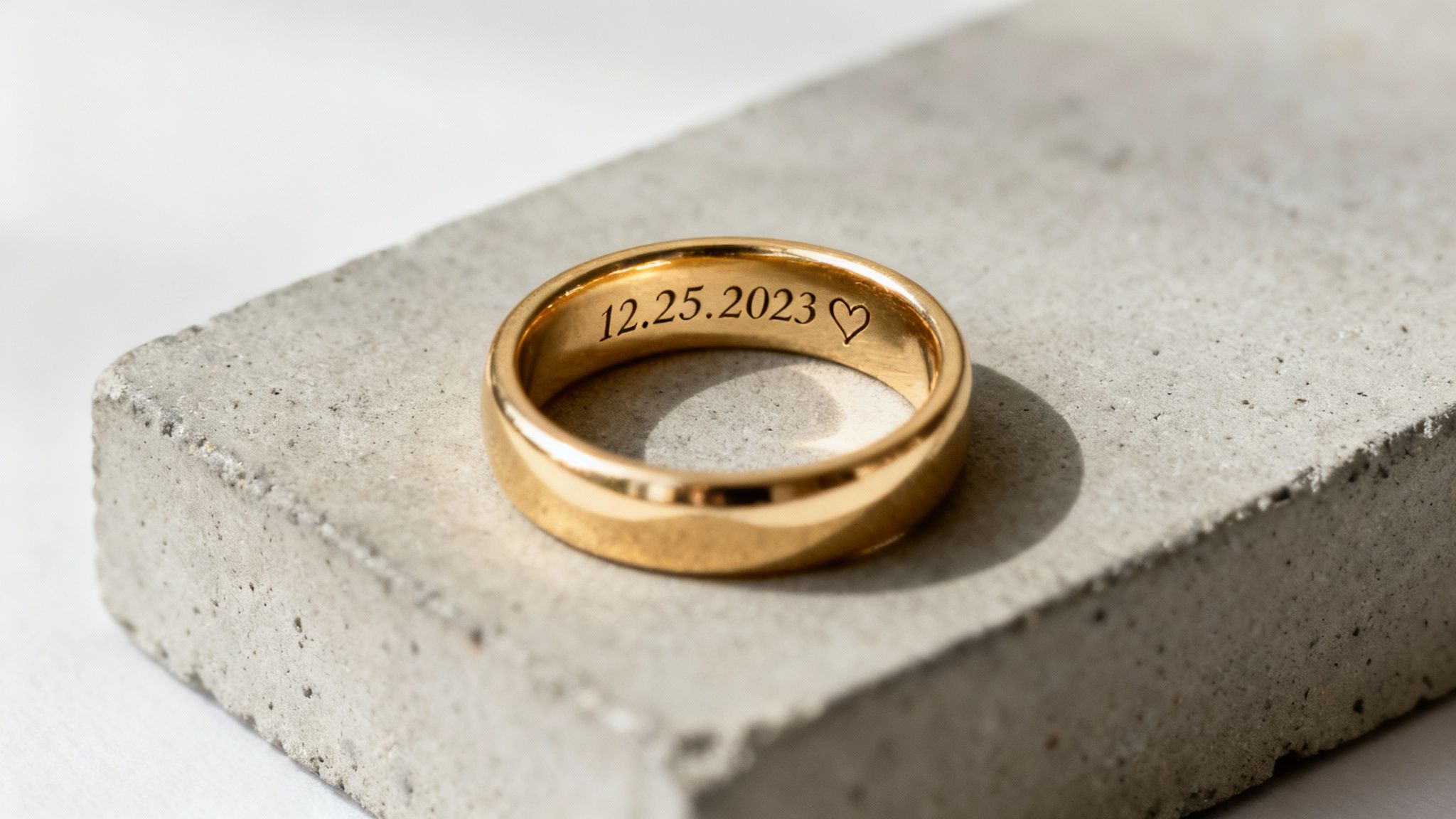 A close-up of a gold ring with the date '12.25.2023 ❤️' engraved, resting on a concrete block.